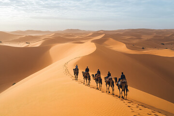 Group of people riding camels across the vast Sahara desert dunes