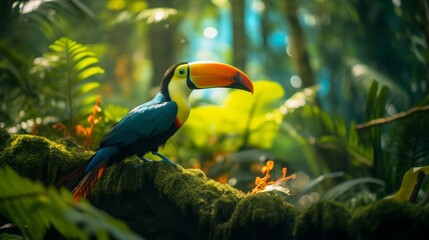 Keel billed Toucan, bird with big bill sitting on the branch in the forest. Neural network ai generated art