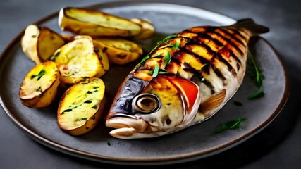 Wall Mural -  Deliciously grilled fish with seasoned potatoes ready to be savored