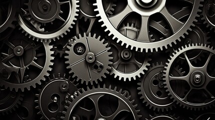 Aufkleber - Retro black and white background of industrial cogs or gears with movement