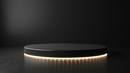 Poster - Round black illuminated podium illuminating dark empty room