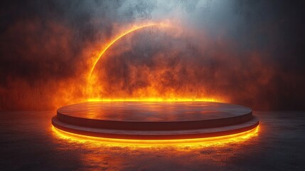 Aufkleber - Futuristic stage shining under a ring of fire with smoke background