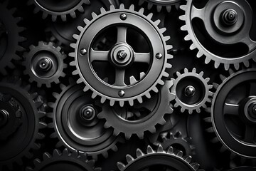 Aufkleber - Retro black and white background of industrial cogs or gears with movement