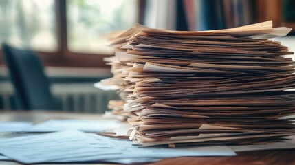 Wall Mural - Stack of bankruptcy paperwork on a desk, representing financial collapse.