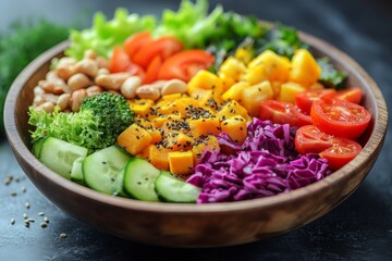 A nutritious salad bowl filled with a variety of fresh vegetables, fruits, nuts, and seeds. Generative AI