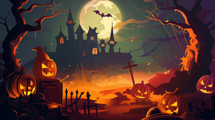 Wall Mural - Halloween Festival : Cute witch ,witch hat,witch's wand,witch castle, orange moon ,maple leaf ,spider web , grave with copy space on gradient pink and purple background.