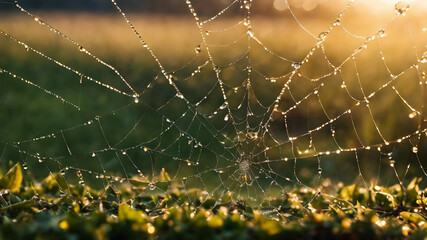 A close-up of dewdrops on a spider web glistening in the morning light