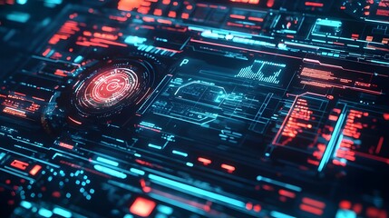 Poster - a futuristic background showcasing a technology interface with digital panels and holographic elemen