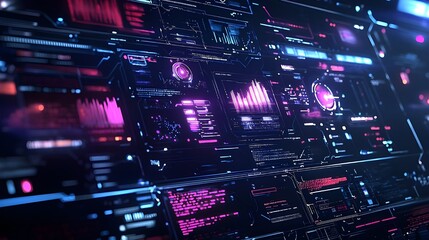 Poster - a futuristic background showcasing a technology interface with digital panels and holographic elemen