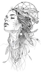 Womans Head with a Dreamcatcher black and white illustration