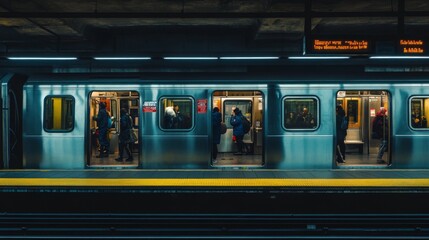 Fototapete - Detailed shot of a subway station with passengers entering and exiting trains, and modern transit signage
