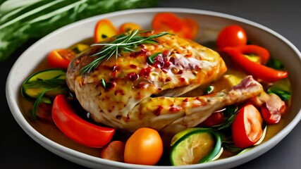 Canvas Print -  Deliciously roasted chicken with vibrant vegetables ready to be savored