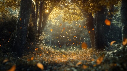 Poster - Golden Leaves Falling in a Sunlit Forest