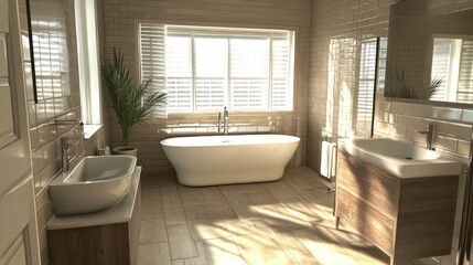 Poster - Modern bathroom with a bathtub, sink, and wooden vanity