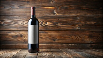 Elegant wine bottle with blank label template isolated on a rustic wooden background, perfect for customization and branding for wine enthusiasts and businesses.