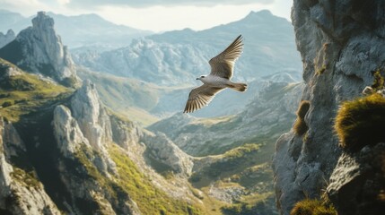 Poster - Detailed view of a bird gliding close to a mountain range, with clear focus on the bird and rugged landscape