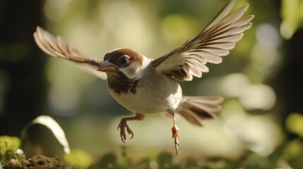 Poster - Detailed view of a bird hovering close to the ground, with its wings flapping and background blurred