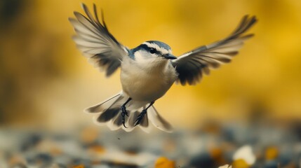 Poster - Detailed view of a bird hovering close to the ground, with its wings flapping and background blurred