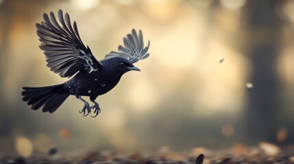Poster - Detailed view of a bird hovering close to the ground, with its wings flapping and background blurred