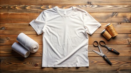 Aufkleber - Empty white t-shirt template lying on a wooden table, with a pair of scissors, needles, and threads nearby, awaiting design and customization.