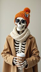 Playful skeleton model wearing a stylish hat and scarf, holding a coffee cup. Perfect for Halloween themes, fashion, or health awareness campaigns.