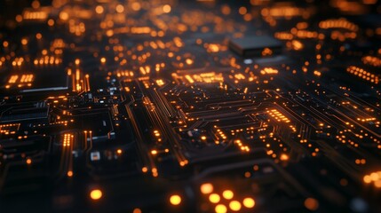 Fototapete - Detailed view of a circuit board with visible electrical wave patterns and glowing components