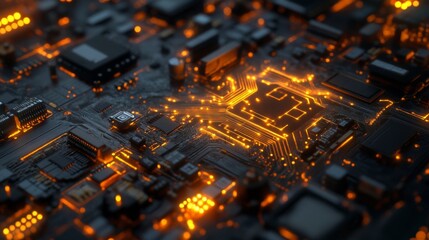 Fototapete - Detailed view of a circuit board with visible electrical wave patterns and glowing components