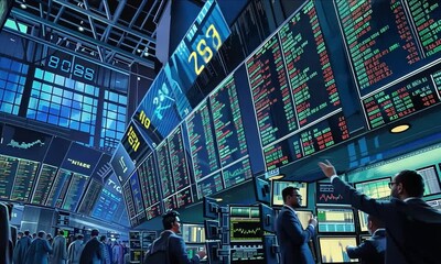 Poster - A futuristic stock exchange with a large digital display of stock prices, traders monitoring the screens, and people walking by.