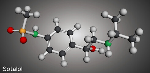 Sticker - Sotalol drug molecule. Used to treat and prevent abnormal heart rhythms. Molecular model. 3D rendering