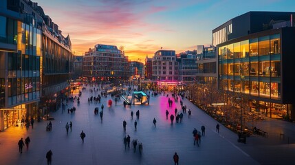 Sticker - As dusk settles, a lively city square is alive with people walking among modern art installations and cafes, creating a vibrant urban atmosphere