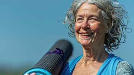 Wall Mural - A bright and detailed close-up of an elderly woman smiling with a yoga mat, set against an urban background