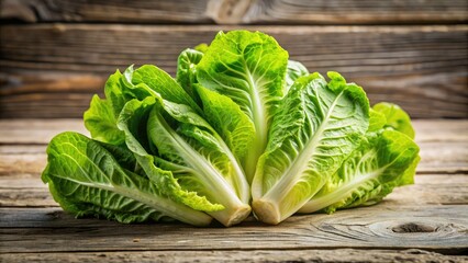 Fresh crisp romaine lettuce hearts stacked on a rustic wooden table, with delicate green leaves and creamy white centers, against a soft neutral background.