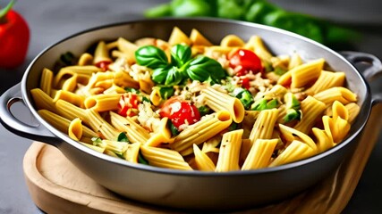 Poster -  Delicious pasta dish with vibrant vegetables ready to be savored