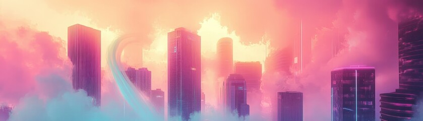 Sticker - A Futuristic Cityscape Bathed in Pink and Blue Hues