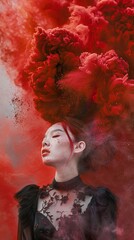 Canvas Print - Red Smoke Portrait: A Woman in a Black Dress