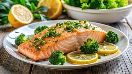 Freshly roasted salmon fillet served on a white plate alongside steamed broccoli florets, garnished with lemon wedges and sprinkled with parsley for a healthy dinner.