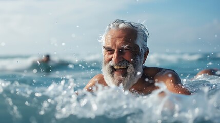 Poster - A joyful elderly man swimming in the ocean, enjoying the waves and sunshine.