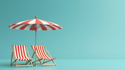 Two colorful beach chairs and a parasol for relaxing on isolated blue background with copy space.