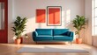 © Danish - Interior mockup In a white room a blue sofa is placed next to a photo frame on the wall