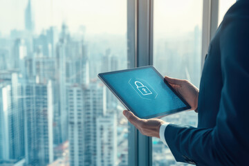 Poster - Businessman is holding a tablet showing a security lock icon with a cityscape in the background