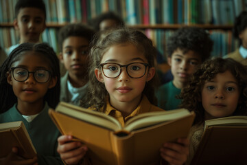 A group of children are sitting in a library, one of them reading a book