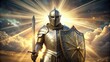 © Sirinporn - Glittering silver armor with shining sword and shield, surrounded by soft golden light, symbolizing faith, protection, and spiritual strength in a serene atmosphere.