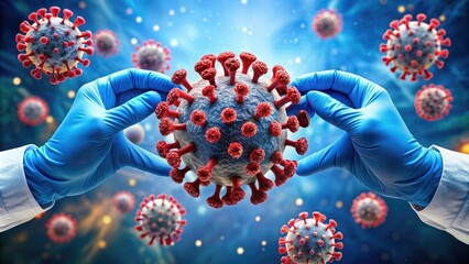 Gloved hands holding a microscopic image of COVID-19 virus cells, with blue background and red accents, illustrating rapid global pandemic and public health crisis.