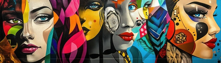 Sticker - Abstract Mural of Four Women's Faces in a Geometric Style