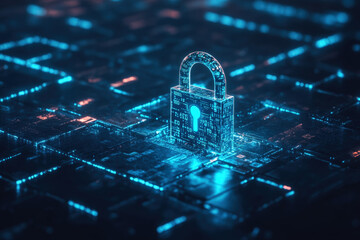 Poster - glowing padlock is displayed on top of a circuit board, symbolizing digital security in the age of t