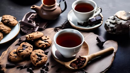 Canvas Print -  Delightful afternoon tea setup with cookies and chocolate