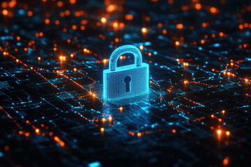 Poster - blue digital padlock standing on circuit board is protecting data flow with orange lights glowing