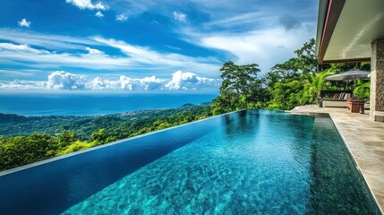 Poster - Infinity Pool Overlooking Ocean and Lush Green Landscape