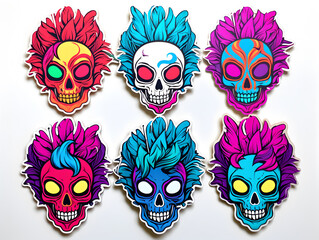 Skull and Feather kawaii stickers with vibrant color