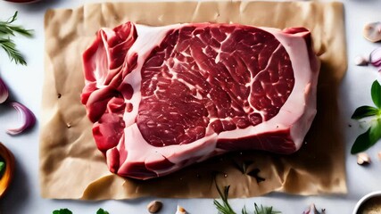 Canvas Print -  Deliciously marbled steak ready to be seasoned and grilled to perfection